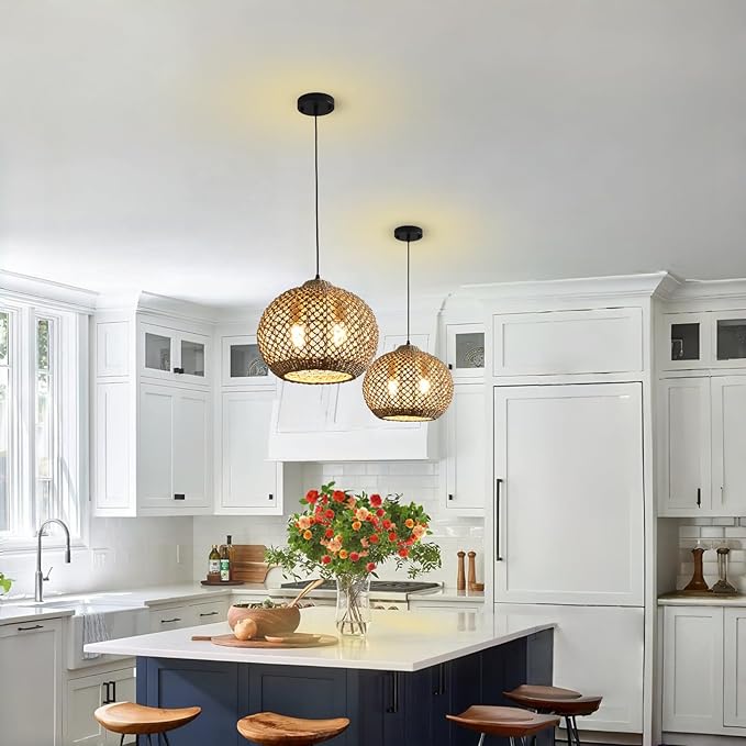 13.79" Rattan Coastal Pendant Light Fixture,Boho 2-Light Kitchen Island Ceiling Hanging Lighting Wicker Hand Woven Farmhouse Chandelier,for Bedroom, Dining Room, Entryway, Foyer