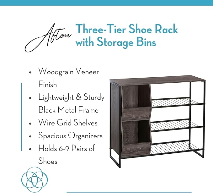 RiverRidge Afton 3-Tier Shoe Organizer with Storage Bins, Holds 6-9 Pairs - Sturdy Shoe Storage Organizer with Metal Frame Shoe Rack for Entryway