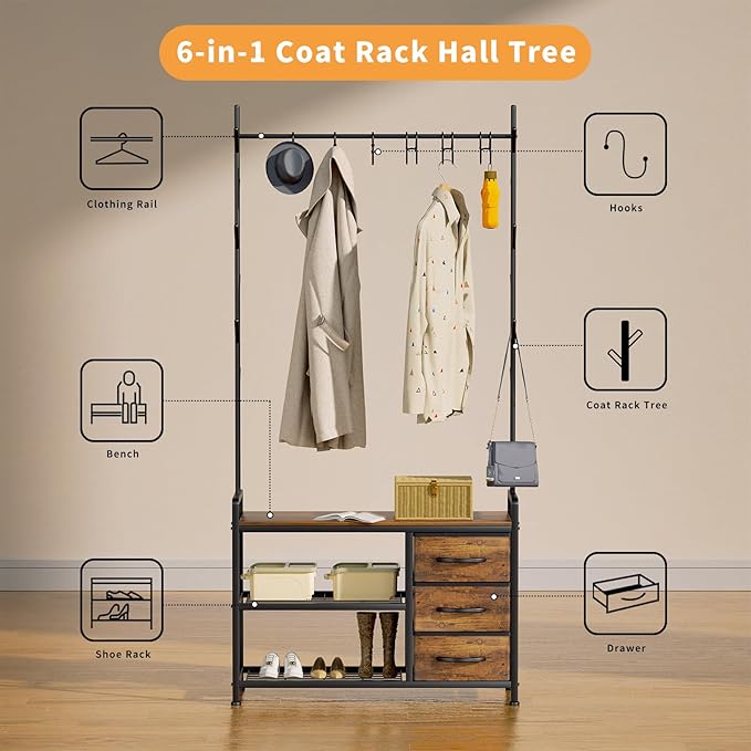 HOMEKOKO Coat Rack Tree Shoe Bench, Hall Tree for Entryway with Drawer Cubby Storage Bench, Wood Look Accent Furniture with Metal Frame, 3-in-1 Design (Rustic Brown)