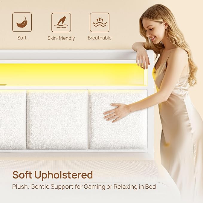 Rolanstar Bed Frame Full Size with Charging Station and LED Lights, Upholstered Storage Headboard with Drawers, Heavy Duty Metal Slats, No Box Spring Needed, Noise Free, Easy Assembly, White