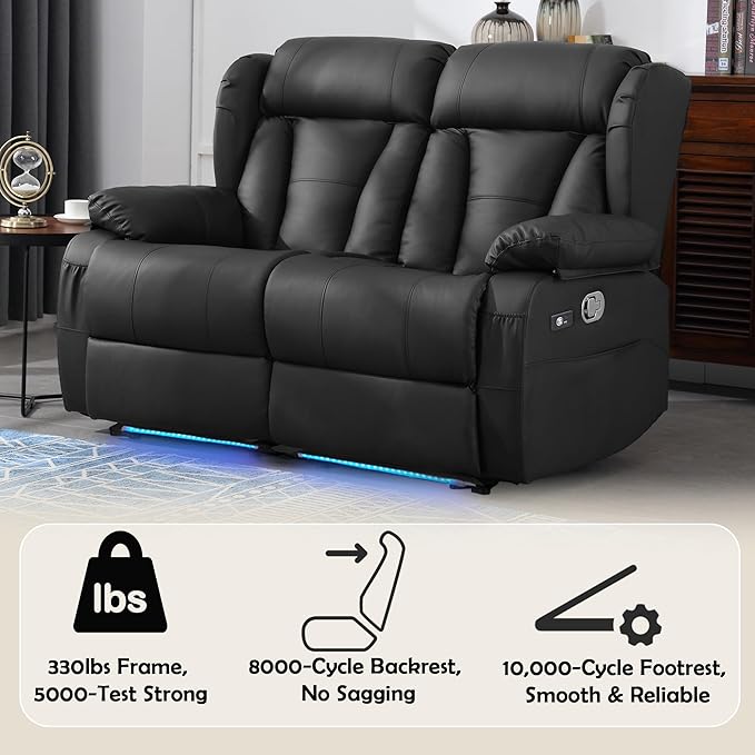 59" Loveseat Recliner Sofa, Manual Reclining Double Loveseat with USB-A & USB-C Ports/LED Lights, RV Couch for Living Room & Home Theater with Cup Holders/Side Pockets (Black with LED)
