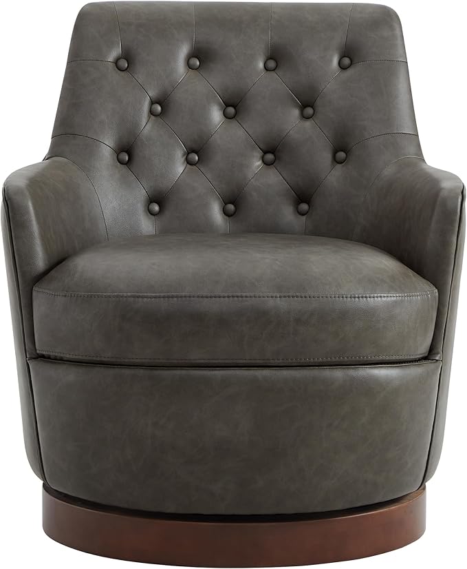 Watson & Whitely Swivel Barrel Accent Chair, Tufted Upholstered Arm Chair for Living Room and Bedroom, Faux Leather in Dark Grey