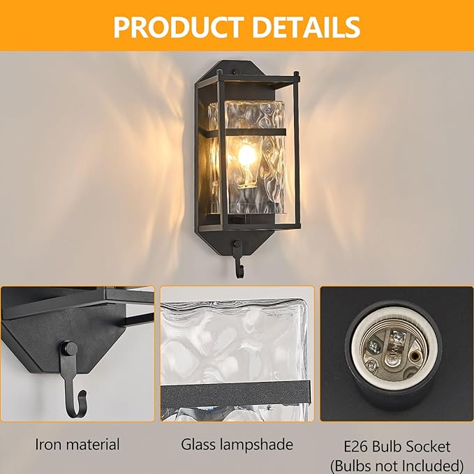 Outdoor Wall Light, Black Exterior Waterproof Lanterns with E26 Sockets, Porch Sconces Wall Mount Lighting Brightens to Garage,Patio,Front Door