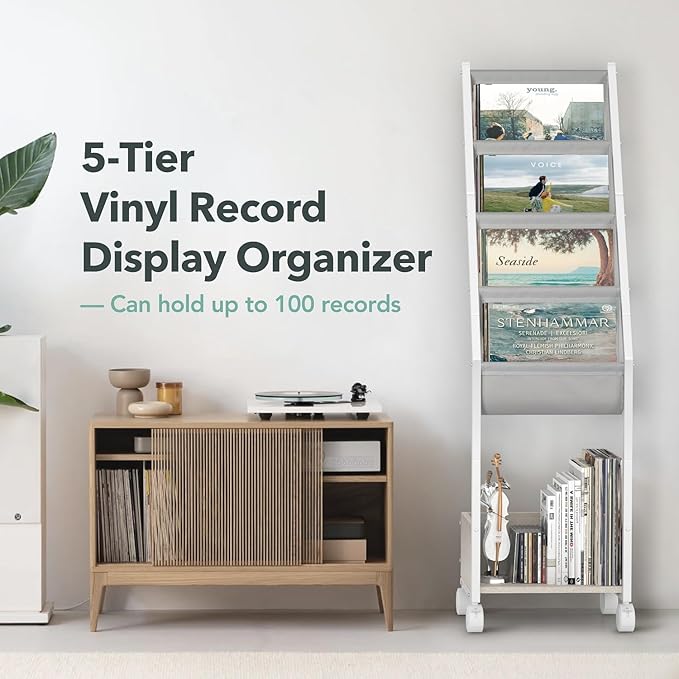 Keebofly Vinyl Record Storage, Record Holder Up to 100 Albums, Record Stand with 4 Tier Holder Display Shelf, Movable Vinyl Storage Organizer Rack, Record Cabinet for Book Magazine (White)