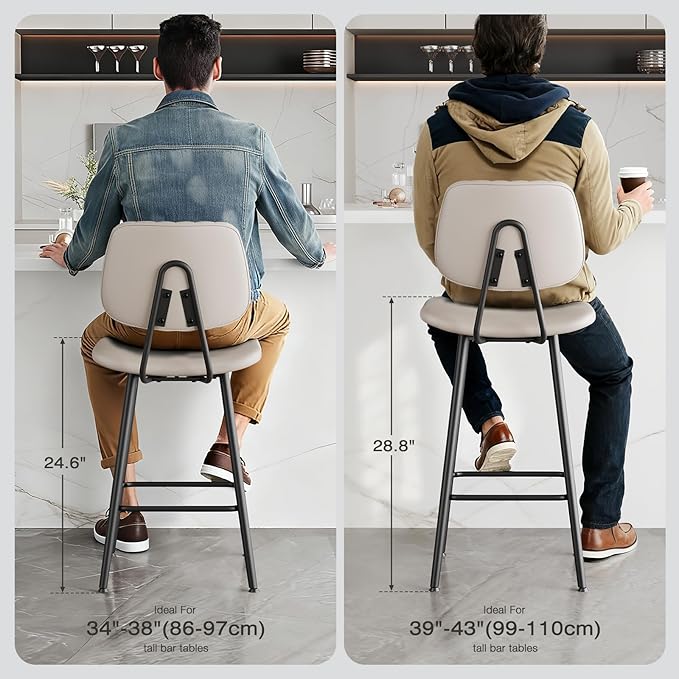 29-Inch Leather Bar Stools Set of 3, Counter Height Barstools with High Backrest，Bar Chairs for Kitchen Island with Heavy Duty Metal Legs, Beige