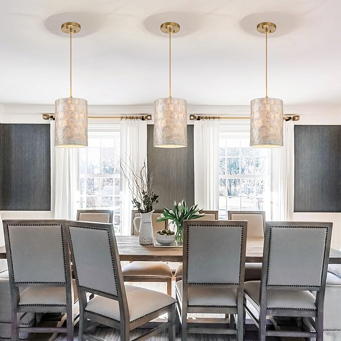 1-Light Capiz Shell Chandelier, Coastal Design, Modern Pendant Light Fixture for Dining Room, Living Room, Kitchen Island, D7 x H18~66"(Adjustable Height), Shell Lampshade & Gold Finish Frame