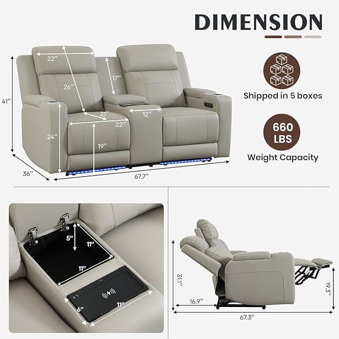Dual Motor Power Reclining Loveseat with Wireless Charge, Power Loveseat Recliner Sofa with Adjustable Headrest/LED Light/Armrest Storage, Wall Hugger Couches for Living Room (Grey, 2 Seater)