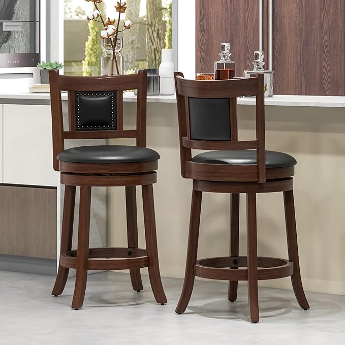 GOFLAME 25.5” Upholstered Bar Stools Set of 4, Swivel Counter Height Barstools with Curved Backrest & Footrest, Solid Rubber Wood Bar Stools for Kitchen Island, Bar Counter, Cafe, Dining Room