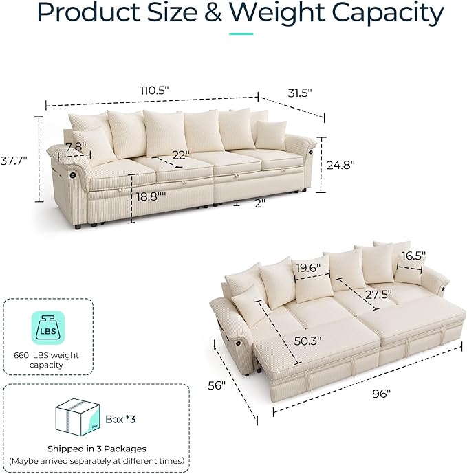 LINSY HOME Oversized Sectional Sleeper Sofa with Pull Out Couch Bed (Beige, 110.5'') | USB Charging, Pillow-style Armrest, Multiple Cushions, Modular Sofa, Corduroy Fabric