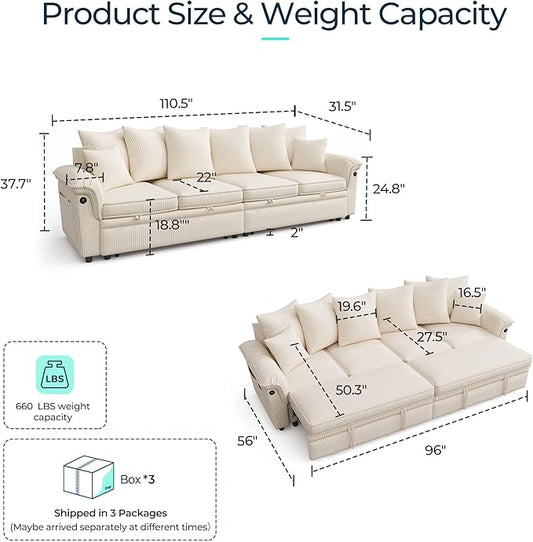 LINSY HOME Oversized Sectional Sleeper Sofa with Pull Out Couch Bed (Beige, 110.5'') | USB Charging, Pillow-style Armrest, Multiple Cushions, Modular Sofa, Corduroy Fabric