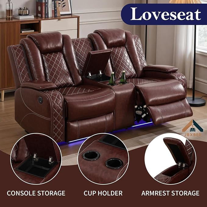 Power Recliner Sofa Sets for Living Room, Leather Recliner Sofa Set with LED Light, Console Storage, Cup Holder for Home Theater Seating(Sofa and Loveseat,Red)