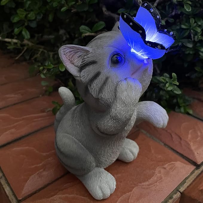 Solar Cat Outdoor Figurines Garden Decor with Butterfly Light for Lawn Ornaments Porch Patio Balcony Yard Decorations Outdoor Birthday Gifts for Women Grandma Mother’s Day