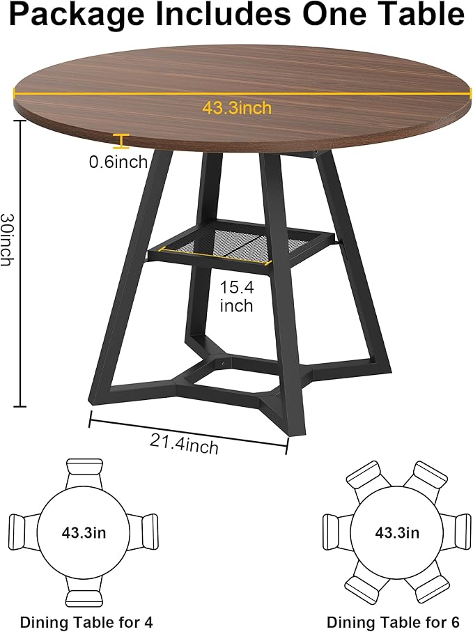 Round Dining Table for 4, Kitchen Tables Dining Room Circle Dinner Table with Pedestal Metal Frame, Space Saving Wood Industrial Kitchen & Dining Room Tables, Walnut 43In