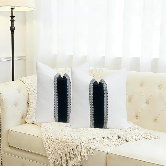Slow Cow Linen Off White and Black Patchwork Throw Pillow Covers Decorative Cushion Covers 18 x 18 Inches