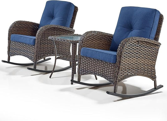 Belord Wicker Porch Rocking Chairs - 3 Pieces Patio Bistro Set High Back Outdoor Rocker Chairs Set with Side Table for Deck Balcony Brown