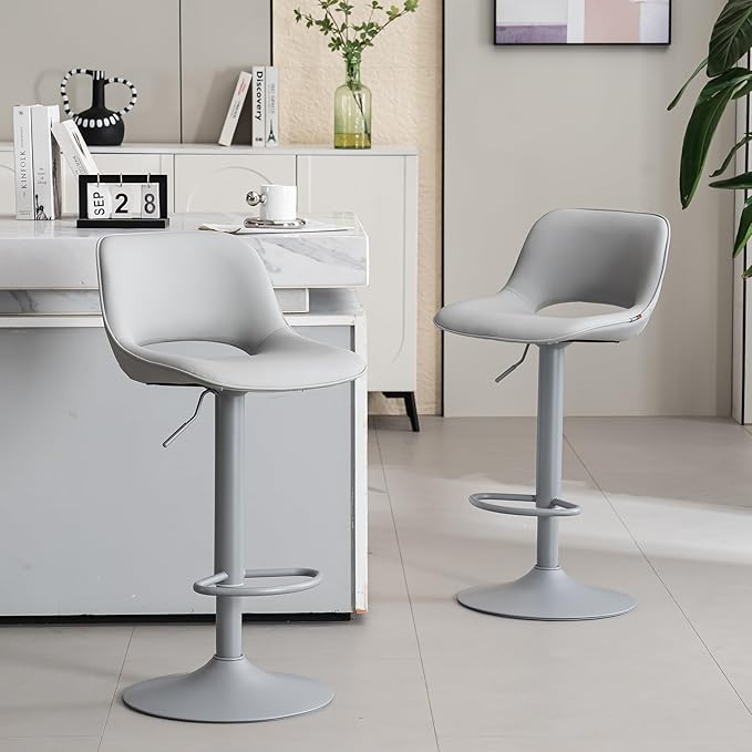 YOUNIKE Bar Stools Set of 2 All Grey Swivel Barstools, Compact Adjustable Counter Height Bar Stools Faux Leather Upholstered Counter Stools with Hollow Back for Kitchen Island