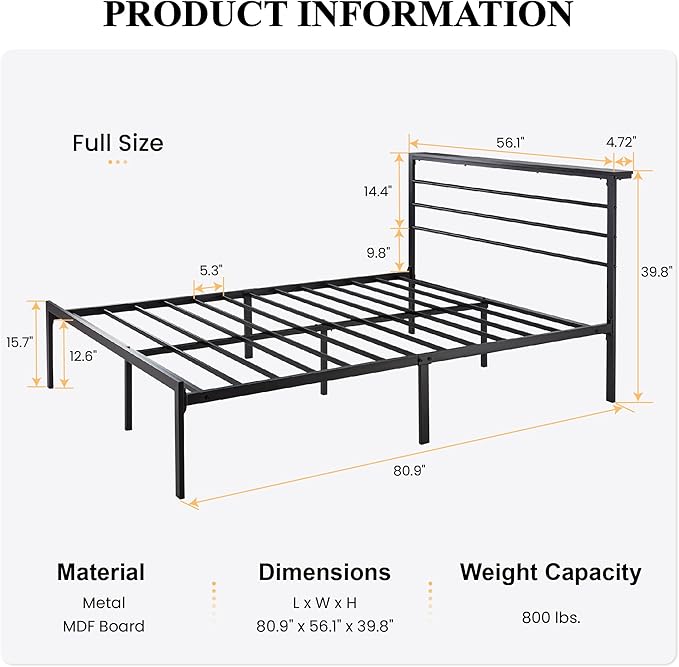SHA CERLIN Full Size Bed Frame with Headboard Shelf and Strong Metal Foundation, No Box Spring Needed, Black