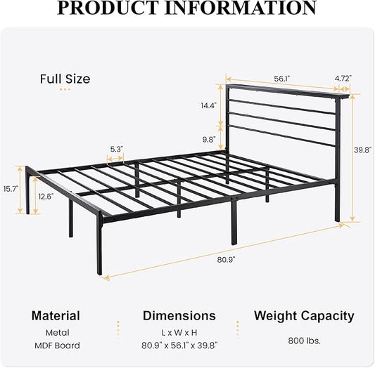 SHA CERLIN Full Size Bed Frame with Headboard Shelf and Strong Metal Foundation, No Box Spring Needed, Black