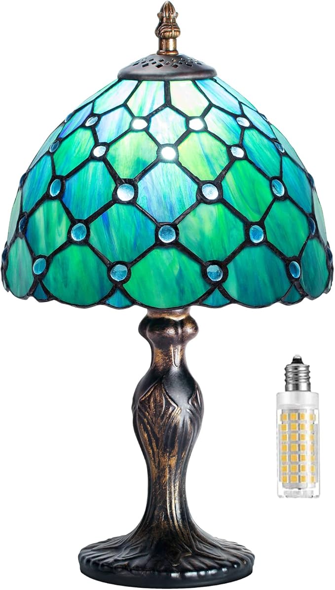 MIAOKE Stained Glass Table Lamp,Stained Glass Crystal Bead Style Table Light, Handmade Desk Bedside Night Light, Antique Art Craft Gifts Lover Living Room Bedroom Bookcase (Green Pearl)