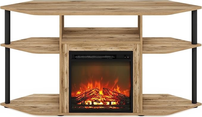Furinno Jensen Fireplace TV Stand, Corner Entertainment Center, TV Console for TV up to 55 Inch with Fireplace, Plastic Poles and Open Storage, for Living Room, Bedroom, Flagstaff Oak