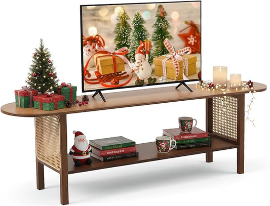 Welnow Walnut Rattan TV Stand for 65" TV, Mid Century Modern Entertainment Center with 2-Tier Open Shelves, Versatile Modern TV Console & Table for Living Room & Gaming