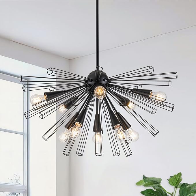 10-Light Black Sputnik Chandelier, 33" Modern Starburst Dining Room Light Fixture, Adjustable Height Rustic Solid Metal Large Sputnik Chandeliers for Living Room Bedroom Kitchen Foyer