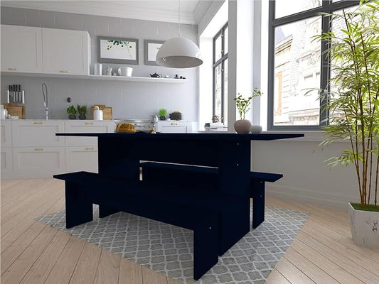 Manhattan Comfort Nomad 3 Piece Dining Set for 6 with Modern Kitchen Table and 2 Benches, Farmhouse Furniture with Rustic Wood Grain Finish, Pedestal Base, Easy Assembly, Midnight Blue