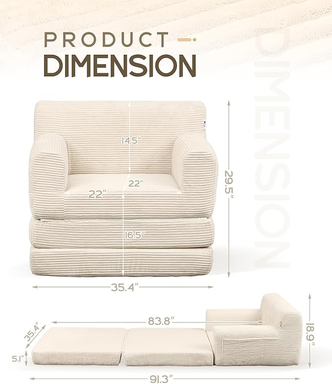 Boneless Couch Sofa Bed, Convertible Sleeper Chair with One-Piece High-Density Foam (No Lumps), Foldable Floor Mattress for Adults Guest Gaming, Non-Slip, Side Pockets, 84"x35", No Assembly