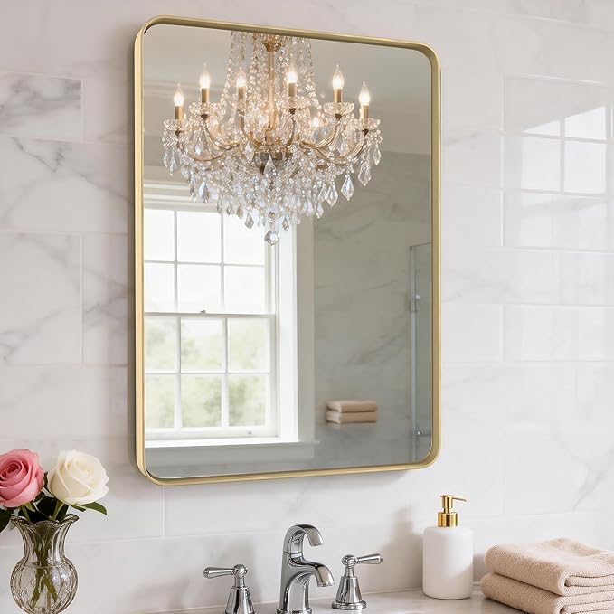 24X30 Inch Gold Metal Framed Bathroom Mirror for Wall, Gold Rounded Rectangle Mirror, Brushed Gold Bathroom Vanity Mirror Farmhouse, Anti-Rust, Tempered Glass, Hangs Horizontally or Vertically