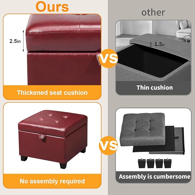 Adeco Faux Leather Storage Ottoman, 17.5" Square Cube Footstool for Living Room & Bedroom, Tufted Vanity Stool with Hinged Lid and Solid Wood Legs, Red