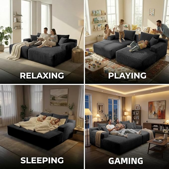Sytopia Loveseat Chaise Lounge with Armrests, Oversized Sofa Bed with 4 Pillows, Cozy Boneless Sleeper, Modular Sectional Couch for Living Room Bedroom, Floor Chair Furniture sala Corduroy