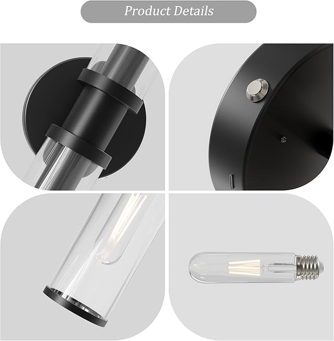 Wireless Wall Sconce with Remote Control, Black Dimmable Rechargeable Battery Sconces Wall Decor Set of 2 with Timer Function for Living Room, Bedroom, Bathroom, Hallway, Entryway 3000K
