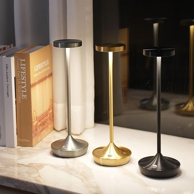 LED Cordless Table Lamp Rechargeable，Outdoor Battery Operated Desk Lamp Touch 3 Color Dimming Portable Waterproof Night Light for Patio/Restaurant/Dining/Home (Gold)