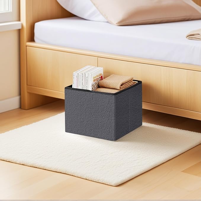 16.5 Inches Small Storage Ottoman - Square Ottoman with Sherpa Top,Storage Bench for Bedroom, 16.5" L x 12.6" W x 12.6" H-Grey
