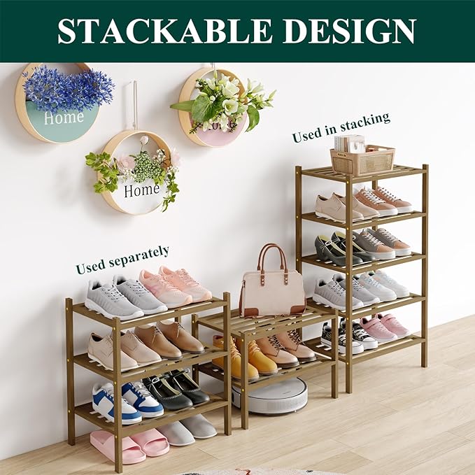Smiry Small Bamboo Shoe Rack 2-Tier, Stackable Wooden Shoe Organizer for Entryway & Closet, Free Standing Wood Shoe Storage Shelf for Front Door & Small Spaces, Walnut