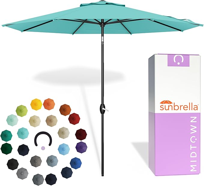 Midtown Umbrellas - The Lean 8 Ft Patio Umbrella with Fade-Resistant Sunbrella Fabric, Auto-Tilt Aluminum Frame and 8 Reinforced Ribs for Deck, Pool & Garden - Aruba Canopy, Black Pole