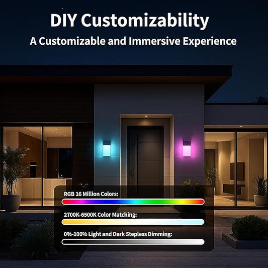 Outdoor Wall Lights RGB, 1500LM Smart Exterior Porch Sconces Wall Mounted Lighting, IP65 Waterproof, DIY Lighting for Garden, Garage and Patio - Ideal for Festivals The Christmas and Parties, 1 Pack