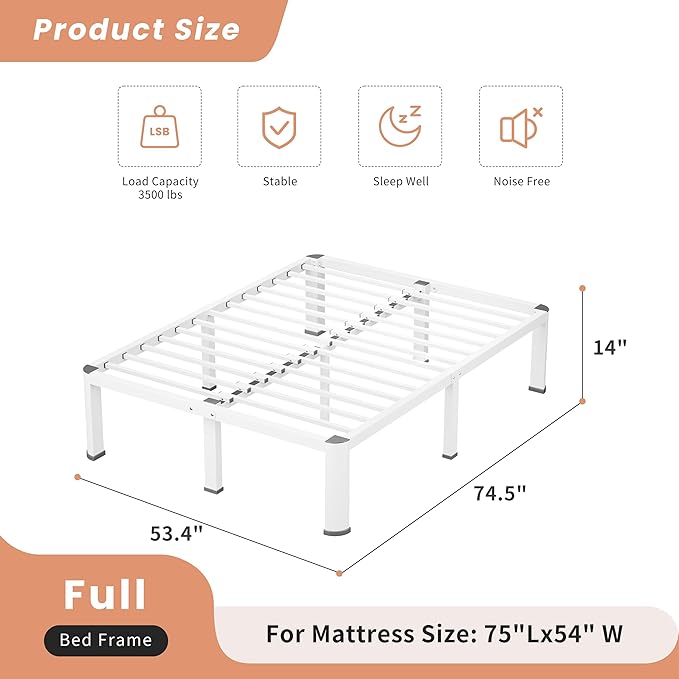 14 Inch White Full Heavy Duty 3500 lbs Bed Frame with Round-Corner Legs & Anti-Squeak Design – Quick Assembly Metal Platform, No Box Spring Needed