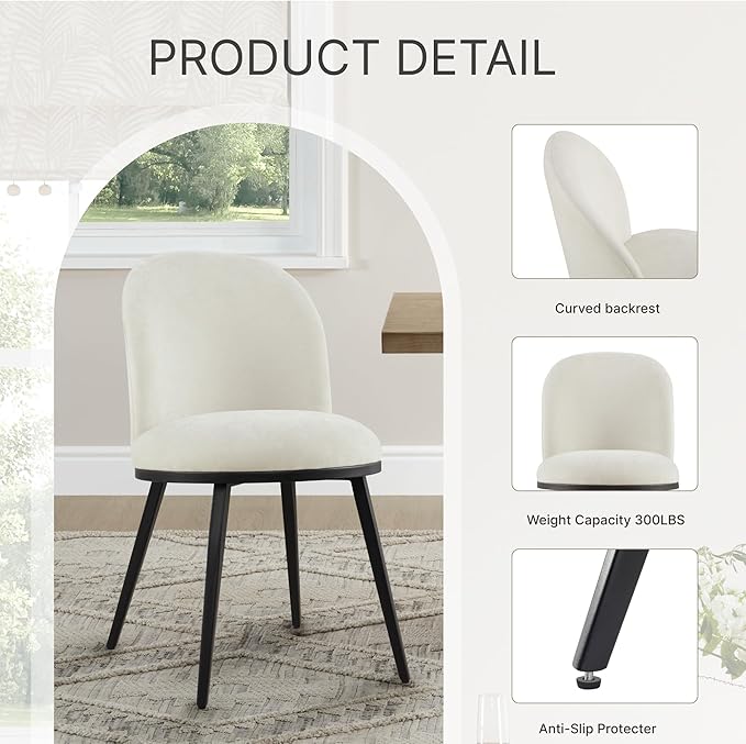 Dining Chairs Set of 2, Fabric Upholstered Dining Room Chairs with Ergonomic Backrest & Metal Legs, Modern Kitchen Side Chairs for Home, Restaurant, and Café, Ivory