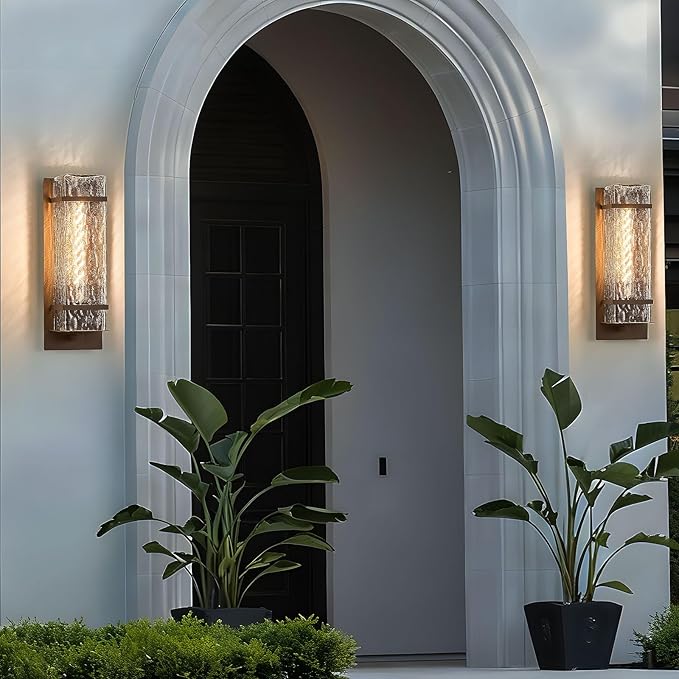 Brown Outdoor Wall Light, 13.4in Exterior Waterproof Lanterns,Porch Sconces Wall Mounted Lighting with E26 Sockets & Textured Glass Shades, for Garage,Doorway,Patio,Front Door