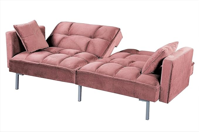 Container Furniture Direct Regal 75.6" Velvet Convertible Sofa Bed - Mid-Century Sleeper Couch w/Tufted Design & Metal Legs - Pull-Out Futon for Guests/Home (75.6" W x 34.6" D x 32" H), Rose