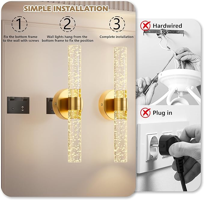 Gold Battery Operated Wall Sconces Set of 2, 13000mAh Rechargeable Wall Lights with Remote Control, 15 Color Dimmable Wireless Crystal Wall Sconce for Bedroom Living Room Hallway Party (2 Pack)