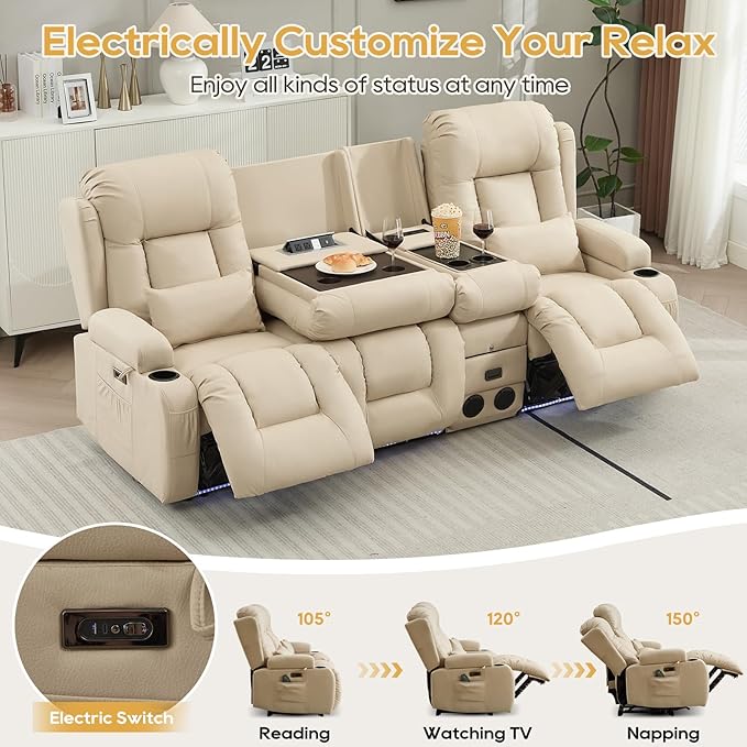 IPKIG Power Recliner Sofa with Flip-Up Backrest Console, USB & USB-C Ports, AC Outlet, LED Lights, Wall Hugger Recliners for Living Room, RV (Beige, 89" - 4 Seat) | Leathaire Fabric, Zero Gravity, Dual Reclining, 2 Lumabr Pillow, Bluetooth Speakers