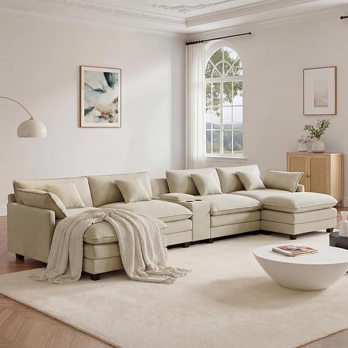 157" Oversized Modular Sectional Sofa with Storage Console,U-Shaped Cloud Couch with Movable Ottoman,Deep Seat,Thick Cushions, Multi Functional Console with USB & 2 Cup Holder,Sofa Set for Living Room | Wood Frame