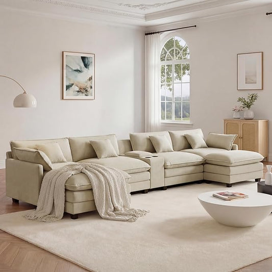 157" Oversized Modular Sectional Sofa with Storage Console,U-Shaped Cloud Couch with Movable Ottoman,Deep Seat,Thick Cushions, Multi Functional Console with USB & 2 Cup Holder,Sofa Set for Living Room | Wood Frame