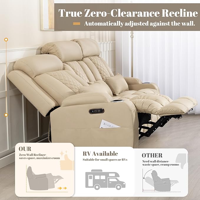 Zero Wall Hugger Power Reclining Sofa with Adjustable Headrest, Electric Reclining Couch with Drop-Down Table,Outlets, Power Loveseat Recliner Sofa for Living Room,RV (Beige, 3 Seat)
