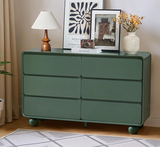 AVZEAR Modern 6 Drawer Green Dresser for Kids Bedroom, 48" Wide Wooden Dresser Chest of Drawers, Handle Free & Curved Profile Design, Mid Century Closet Clothes Storage Organizer for Living Room