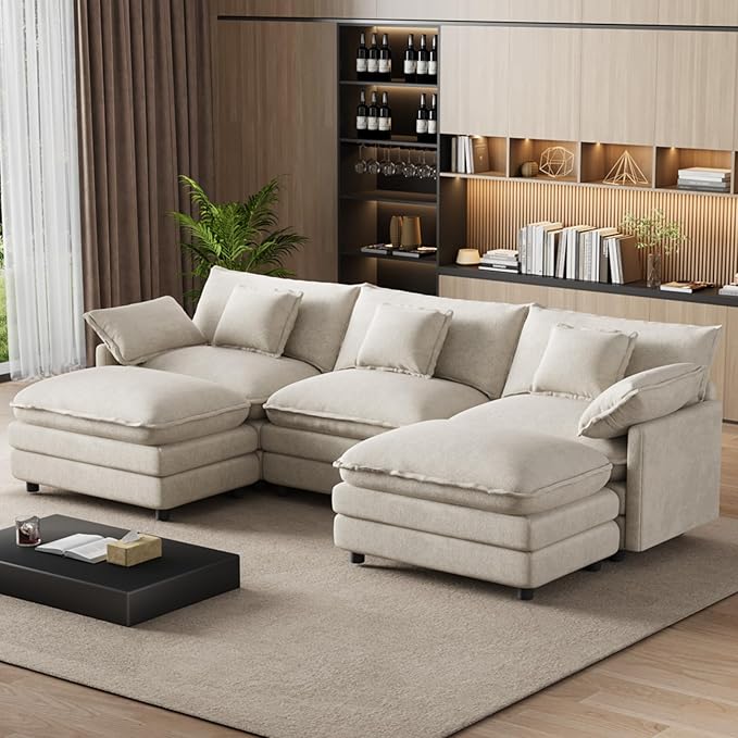 114" U Shaped Cloud Couch Sectionals Oversized Sectional Couches for Living Room Modular Couch, Large Velvet Cloud Sofa with Movable Ottoman, Beige
