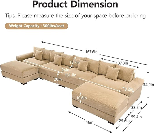 KEIKI 168" U-Shaped Oversized Corduroy Modular Cloud Sectional Sofa with 2 Ottoman, High-Density Foam Cushion, Extra-Thick Armrest, 4-Seater Fluffy Corner Couch with 12 Pillow, for Living Room, Camel