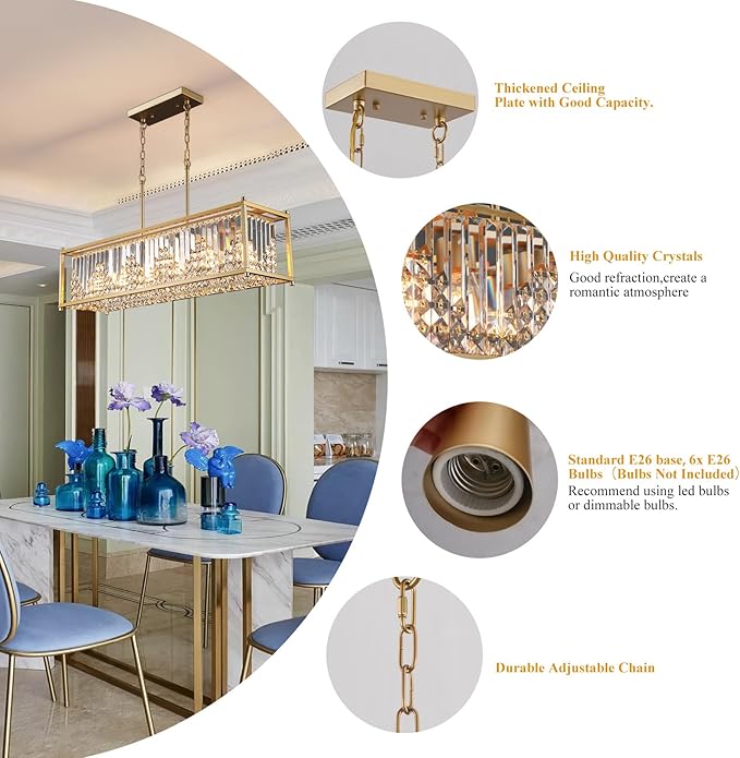 Q&S Modern Rectangular Crystal Chandelier,Gold Rectangle Chandeliers for Dining Room Luxury 6 Lights for Kitchen Island Bar Living Room Pool Table Hotel Office Restaurant L37.5 UL Listed